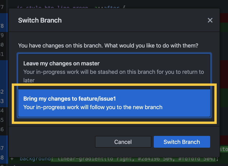 「Bring my changes to ブランチ名」をクリック